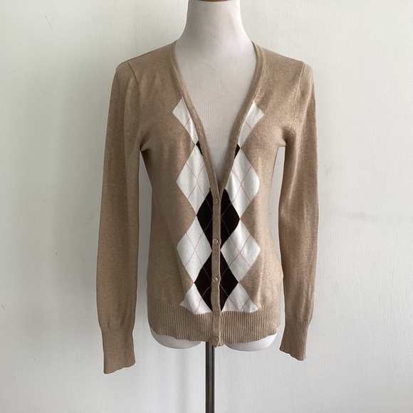 Old Navy V-Neck Tan Argyle Long Sleeve Cotton Grandpacore Cardigan Sweater Med - Picture 1 of 8